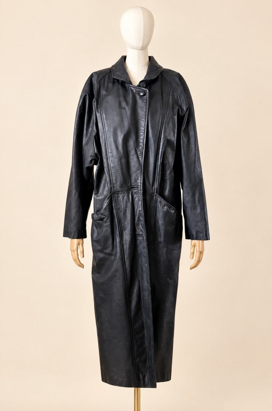 Vintage 80s 90s Bechamel Black Genuine Leather Maxi Coat Oversized M Longline